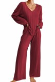 Long Sleeve V neck Ribbed Tops And Pants 2pcs Pajamas Set