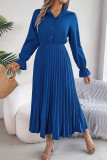 Lapel Button Long Sleeved Pleated Dress