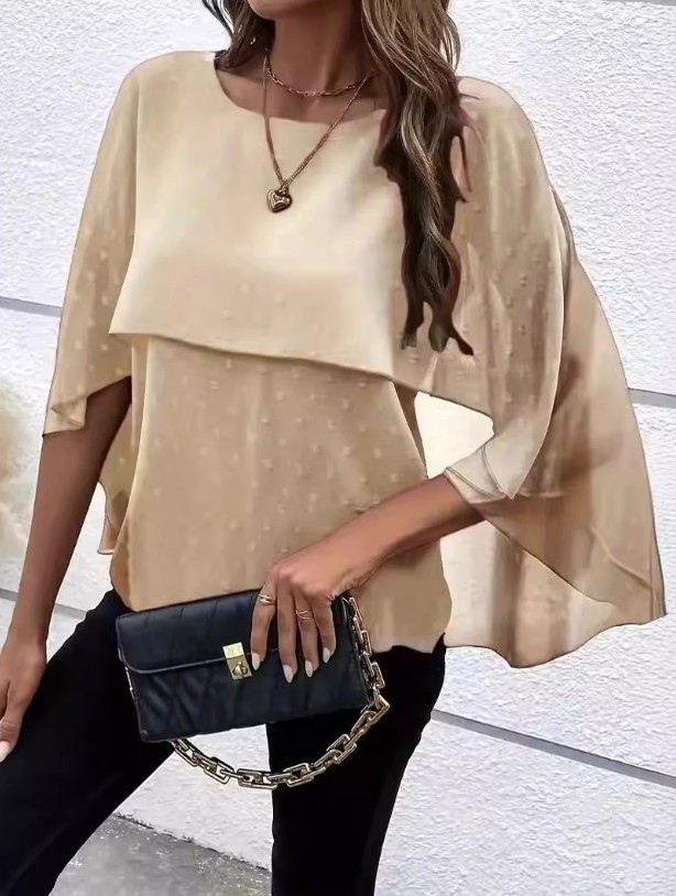 Round Neck Solid Color Cape Sleeve Shirt