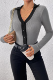 Lapel Long Sleeved Solid Color Jumpsuit