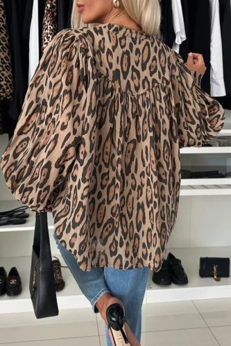 Light French Beige Leopard Print Balloon Sleeve Loose Blouse