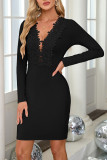 Lace V-Neck Long Sleeved Knitted Dress