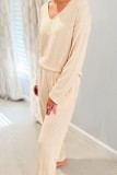 Long Sleeve V neck Ribbed Tops And Pants 2pcs Pajamas Set