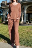 Long Sleeve V neck Ribbed Tops And Pants 2pcs Pajamas Set
