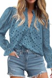 Eyelet Long Sleeve V neck Shirt Blouse