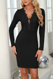 Lace V-Neck Long Sleeved Knitted Dress
