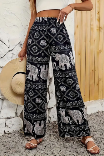 Ethnic Style Printed High Waisted Loose Wide Leg Pants