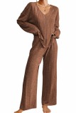 Long Sleeve V neck Ribbed Tops And Pants 2pcs Pajamas Set