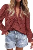 Eyelet Long Sleeve V neck Shirt Blouse