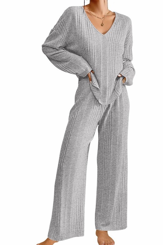 Long Sleeve V neck Ribbed Tops And Pants 2pcs Pajamas Set
