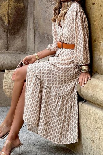 Chic V neck Print Button Up Dress With Belt