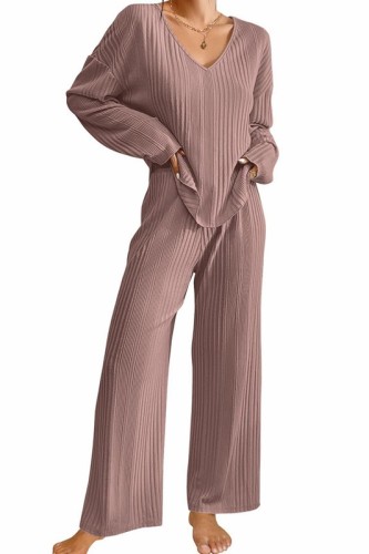 Long Sleeve V neck Ribbed Tops And Pants 2pcs Pajamas Set