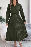 Lapel Button Long Sleeved Pleated Dress