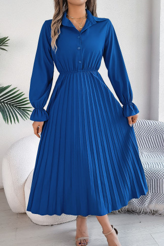 Lapel Button Long Sleeved Pleated Dress