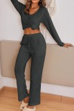 Long Sleeve V neck Ribbed Tops And Pants 2pcs Pajamas Set