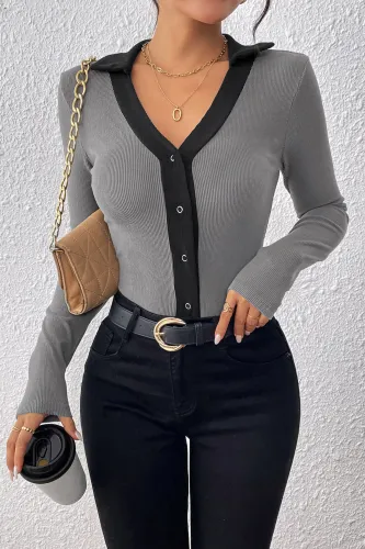 Lapel Long Sleeved Solid Color Jumpsuit