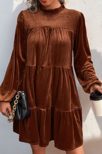 Velvet Solid Color Long Sleeved Ruffle Dress