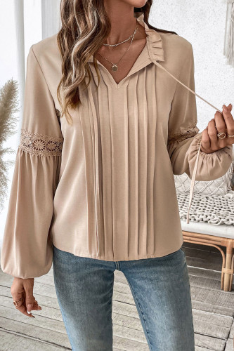 Pale Khaki Solid Color Casual Lace-Up V-Neck Pleated Shirt