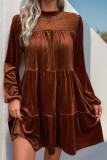 Velvet Solid Color Long Sleeved Ruffle Dress