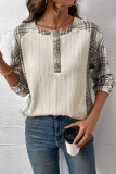Apricot Checkered Patchwork Textured Pullover Top