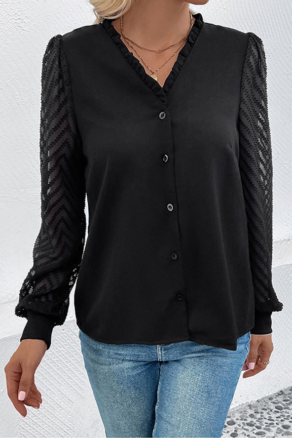 V-Neck Buckle Lace Long Sleeved Shirt