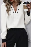 White Colorblock Edge Long Sleeve V Neck  Blouse