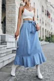 High Waisted Denim Ruffled Pleated Skirt
