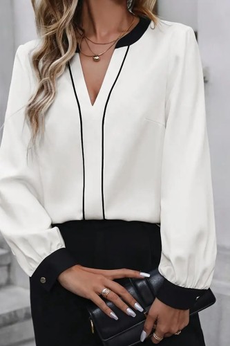 White Colorblock Edge Long Sleeve V Neck  Blouse