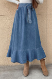 High Waisted Denim Ruffled Pleated Skirt