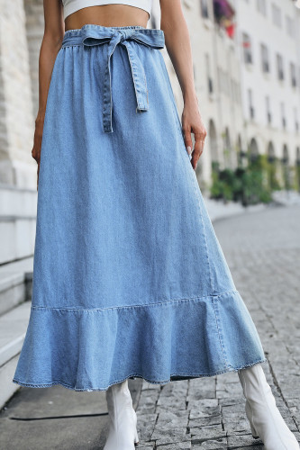 High Waisted Denim Ruffled Pleated Skirt