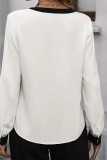 White Colorblock Edge Long Sleeve V Neck  Blouse