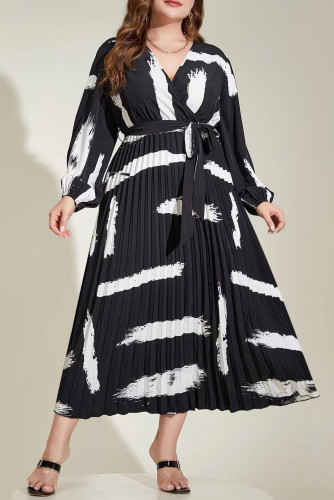 Large Size V-Neck High Waist Dress Pleated Long Sleeved Dress