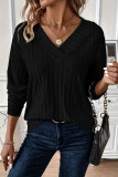 Large Size V-Neck Ribbed Long Sleeve Tops