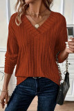Large Size V-Neck Ribbed Long Sleeve Tops