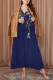  Large Size V-Neck Waist Tie Pleated Maxi Dress