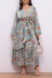 Large Size Printed V-Neck Long Sleeved Dress