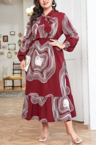 Large Size Knot Ruffle Long Sleeved Dress