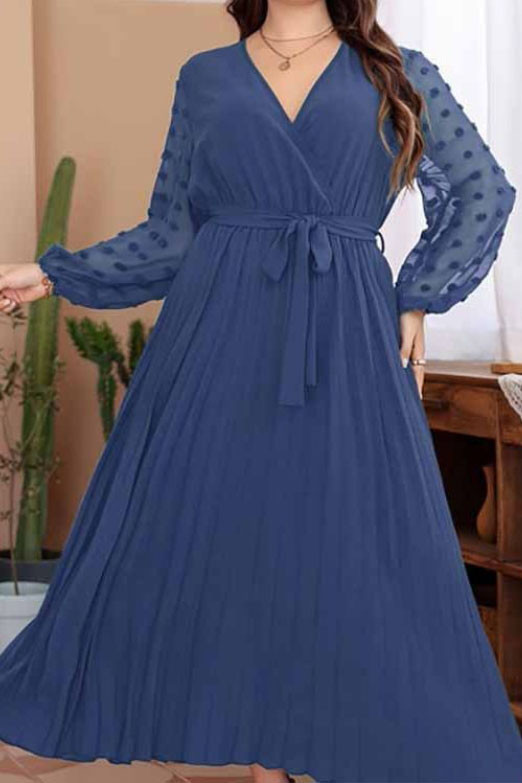 Large Size Swiss Dot V-Neck Long Sleeve Dress