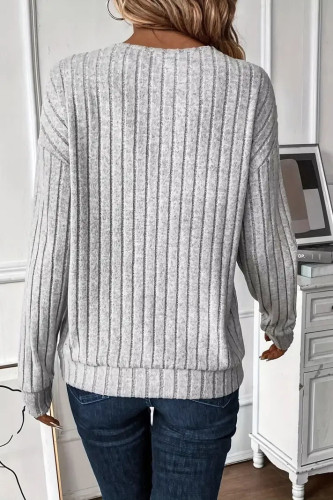 Large Size V-Neck Ribbed Long Sleeve Tops
