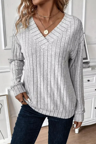 Large Size V-Neck Ribbed Long Sleeve Tops