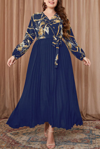  Large Size V-Neck Waist Tie Pleated Maxi Dress