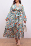 Large Size Printed V-Neck Long Sleeved Dress