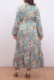 Large Size Printed V-Neck Long Sleeved Dress