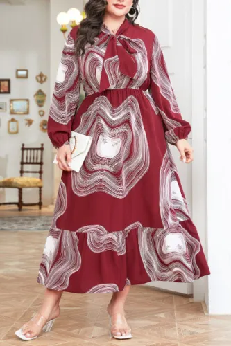 Large Size Knot Ruffle Long Sleeved Dress