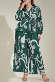 Large Size V-Neck Printed Shirt Wide Leg Pants Two-Piece Set