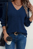 Large Size V-Neck Ribbed Long Sleeve Tops