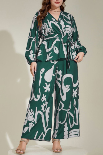 Large Size V-Neck Printed Shirt Wide Leg Pants Two-Piece Set