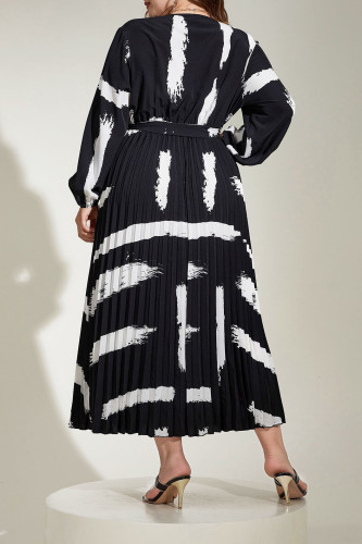 Large Size V-Neck High Waist Dress Pleated Long Sleeved Dress