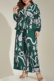 Large Size V-Neck Printed Shirt Wide Leg Pants Two-Piece Set