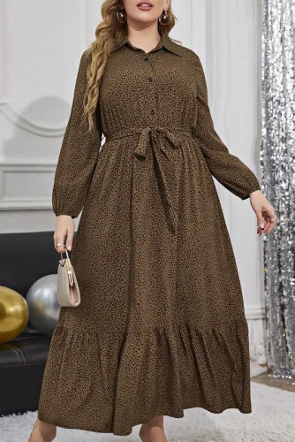 Large Size Leopard Ruffle Shirt Dress